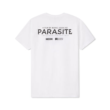 White t-shirt with 'Parasite' movie text on the back against a white Oscar winning movie PARASITE by NEON and Academy Award winning Director Bong Joon Ho background